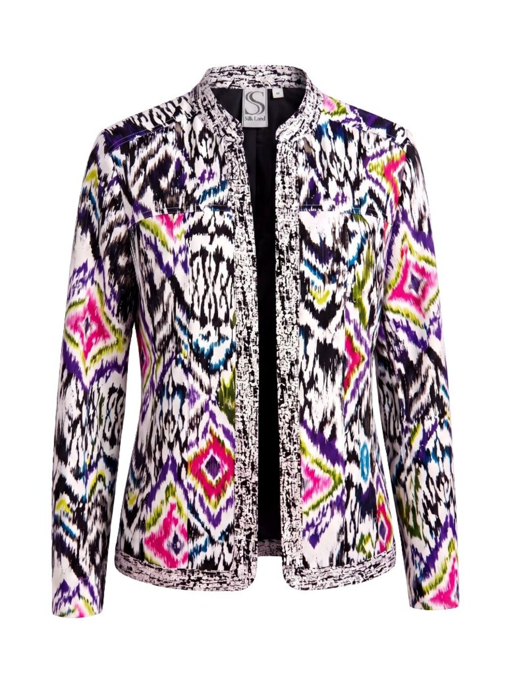 SilkLand Collection Womens M Blazer Jacket Multicolor Print Open Front Lined